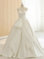 White Sweetheart Neck Satin Big Bow Shirring Wedding Dresses