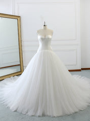 White Sweetheart Neck Tulle Satin With Long Train Wedding Dress