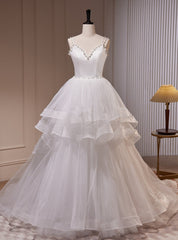 White Tulle Double Straps Pearls Wedding Dresses