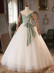 White Tulle Green Satin Spaghetti Straps Wedding Dresses