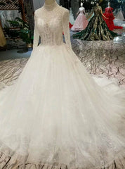 White Tulle High Neck Long Sleeve Backless Wedding Dresses With Beading