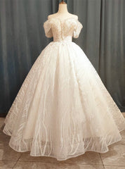 White Tulle Lace Off the Shoulder Pearls Wedding Dresses