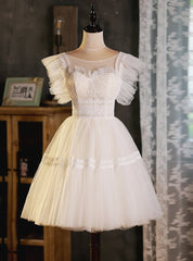 White Tulle Lace Short Homecoming Dresses