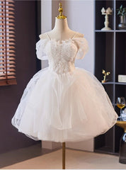 White Tulle Lace Spaghetti Straps Short Wedding Dresses