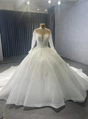 White Tulle Long Sleeve Appliques High Neck Wedding Dresses With Lon Train