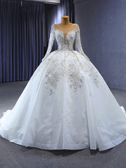 White Tulle Long Sleeve Sequins Wedding Dresses