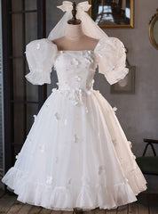 White Tulle Puff Sleeve Flower Wedding Dresses