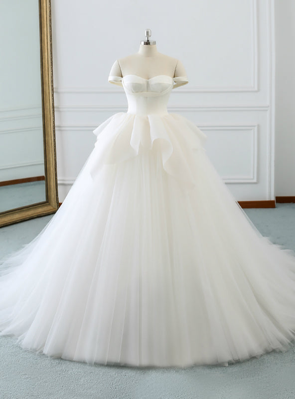 White Tulle Satin Off The Shoulder Backless Wedding Dress