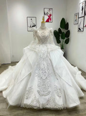 White Tulle Sequins Appliques High Neck Wedding Dress