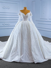 White Tulle Sequins Beading Long Sleeve Luxury Wedding Dresses