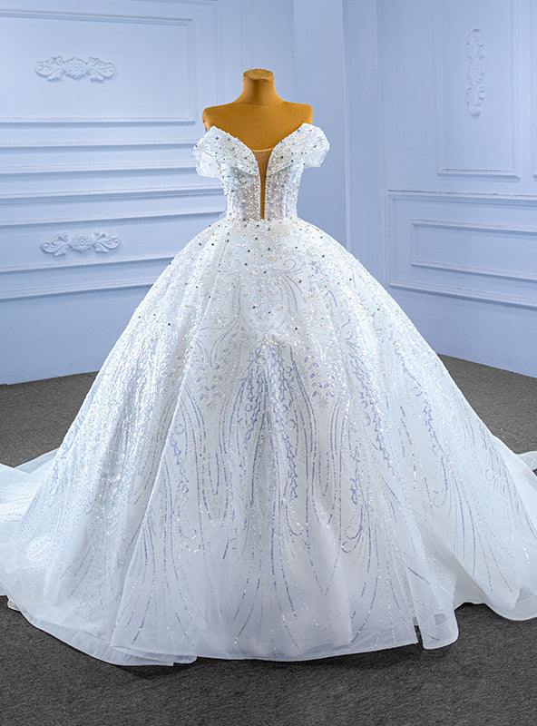 White Tulle Sequins Beading Pearls Wedding Dress