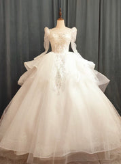 White Tulle Sequins Pearls Backless Long Sleeve Wedding Dresses