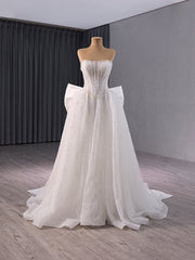 White Tulle Sequins Strapless Bow Wedding Dresses