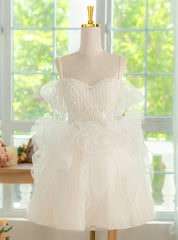 White Tulle Spaghetti Straps Pearls Pleats Homecoming Dresses