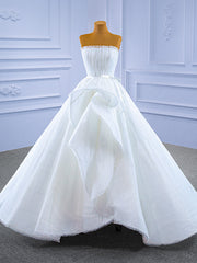 White Tulle Strapless Pleats Wedding Dresses