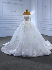 White Tulle Straps 3D Flower Wedding Dresses