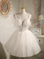 White Tulle Straps Pearls Homecoming Dresses