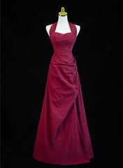 Wine Red A-Line Halter Vintage Style Prom Dresses, Wine Red Long Evening Dresses