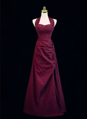 Wine Red A-Line Halter Vintage Style Prom Dresses, Wine Red Long Evening Dresses