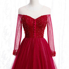 Wine Red Long Sleeves Beaded Tulle Evening Gown A-line Wine Red Long Prom Dresses prom Dresses shops