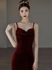 Wine Red Mermaid Straps Long Party Dresses, Wine Red Velvet Long Prom Dresses