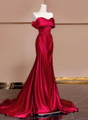 Wine Red Off Shoulder Satin Long Evening Dresses, Wine Red Prom Dresses