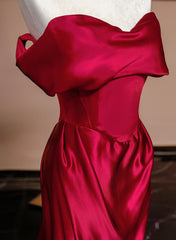 Wine Red Off Shoulder Satin Long Evening Dresses, Wine Red Prom Dresses