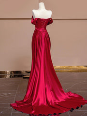 Wine Red Off Shoulder Satin Long Evening Dresses, Wine Red Prom Dresses