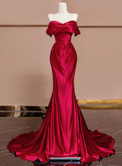 Wine Red Off Shoulder Satin Long Evening Dresses, Wine Red Prom Dresses