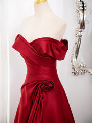 Wine Red Satin Sweetheart Off Shoulder Prom Dresses, Wine Red Party Dresses with Leg Slit