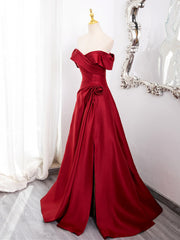 Wine Red Satin Sweetheart Off Shoulder Prom Dresses, Wine Red Party Dresses with Leg Slit