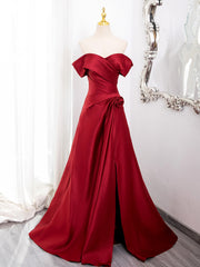 Wine Red Satin Sweetheart Off Shoulder Prom Dresses, Wine Red Party Dresses with Leg Slit