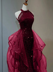 Wine Red Sequins with Tulle Long Party Dresses, Wine Red Halter Evening Dresses