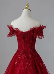 Wine Red Tulle with Sequins and Lace Party Dresses Wine Red A-line Prom Dresses prom Dresses shops