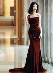 Wine Red Velvet Long Formal Dresses Evening Dresses, Wine Red Prom Dresses