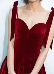 Wine Red Velvet Straps Sweetheart Long Prom Dress, Wine Red Velvet Evening Dress