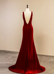 Wine Red Velvet V-neckline Long Party Dress, A-line Velvet Evening Dress with Slit