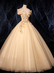 With 28 Colors Available. Champagne Ball Gown Tulle Appliques Off the Shoulder Quinceanera Dresses