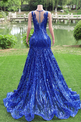 Women Sequined Royal Blue Prom Dresses Sleeveless Cocktail Party Gowns Light Luxury Luxury Evening Dresses