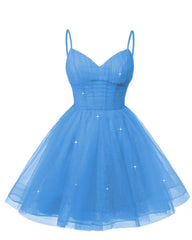 Women's V Neck Tulle Spaghetti Straps Blue Homecoming Dresses with Corset Back Short Prom Gowns for Teens