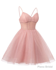 Womens V Neck Tulle Spaghetti Straps Blush Pink Homecoming Dresses with Corset Back Short Prom Gowns for Teens