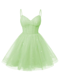 Women's V Neck Tulle Spaghetti Straps Mint Green Homecoming Dresses with Corset Back Short Prom Gowns for Teens