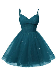 Women's V Neck Tulle Spaghetti Straps Teal Homecoming Dresses with Corset Back Short Prom Gowns for Teens