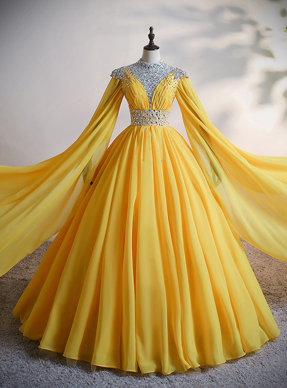 Yellow Chiffon Cap Sleeve Pleats Beading Crystal Quinceanera Dress