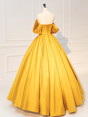 Yellow Off Shoulder Satin Long Prom Dresses, Yellow Long Evening Dresses