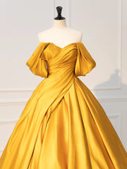 Yellow Off Shoulder Satin Long Prom Dresses, Yellow Long Evening Dresses