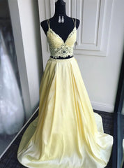 Yellow Satin Lace Two Piece Prom Dresses