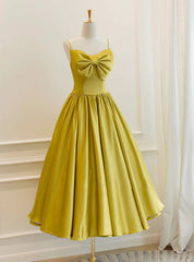 Yellow Satin Spaghetti Straps Bow Tea Length Prom Dresses