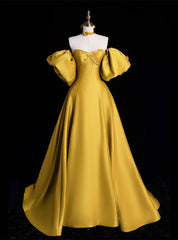 Yellow Satin Strapless Puff Sleeve Flower Prom Dresses