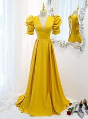 Yellow Satin V-neck Backless Short Sleeve Prom Dresses